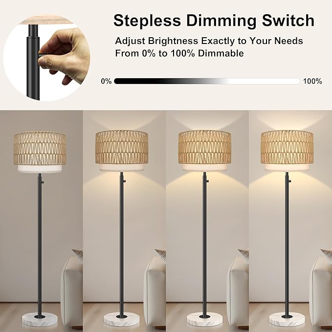 Floor Lamp for Bedroom,Dimmable Rattan Floor Lamp,Modern Standing Lamp with Marble Base,Tall Standing Lamp for Bedroom, Reading,Office & Kids' Room,LED Bulb Included(Rattan)