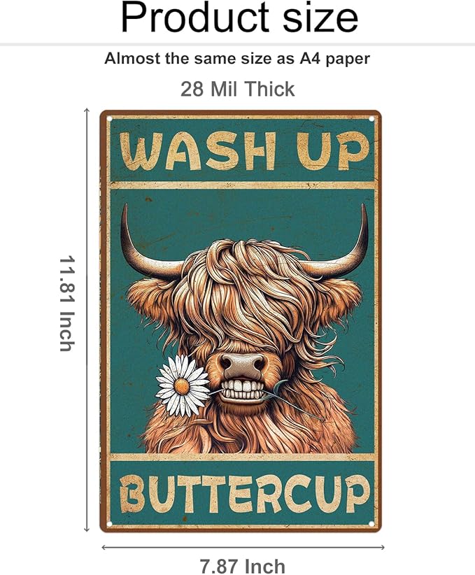ALKB Highland Cow Sign Bathroom Wall Cow Painting for Western & Highland Cow Lovers - Funny Wash Up Sign 8 x 12 Inch