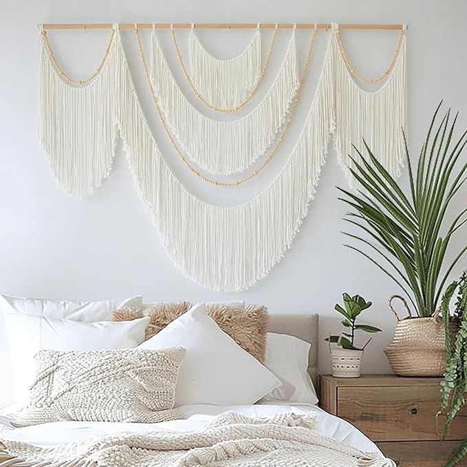 Flber Large Macrame Wall Hanging – Boho Yarn Art Garland with Tassels and Beads, Handmade Rope Decor for Nursery, Party, Wedding, Bedroom, Fireplace Mantel, or Photo Backdrop 57" W x 41" L
