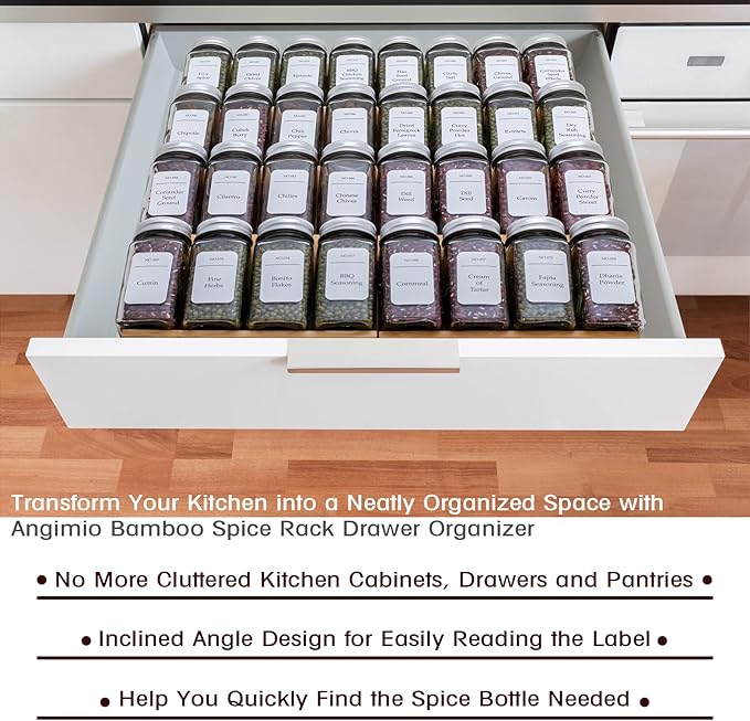 Bamboo Spice Rack Drawer Organizer - 8 Pieces Set- 7" Wide Per Piece - Combine Pieces Into 14" Wide Rack (7" or 14")