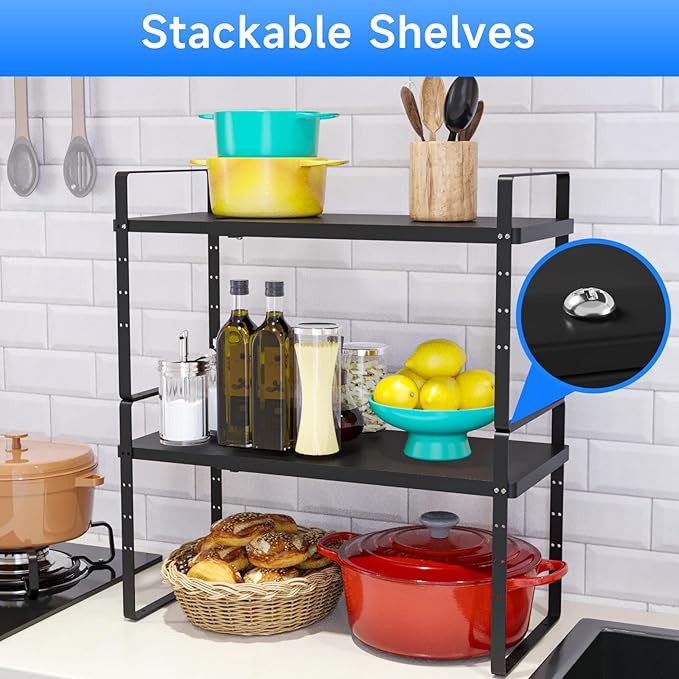 Expandable Cabinet Shelf Organizer, Stackable Kitchen Pantry Counter Storage, Adjustable Closet Cupboard Stand Rack Risers Spice Organization 80LBS Heavy Duty Black Small 1 Pack
