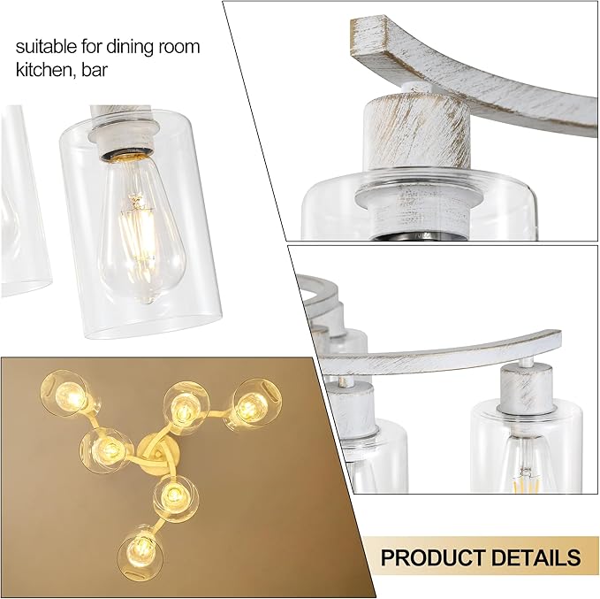 6-Light Antique White Chandelier with Clear Glass Shade, French Country Chandeliers for Dining Room, Adjustable Height Hanging Farmhouse Pendant Lighting for Kitchen Island Entryway Office