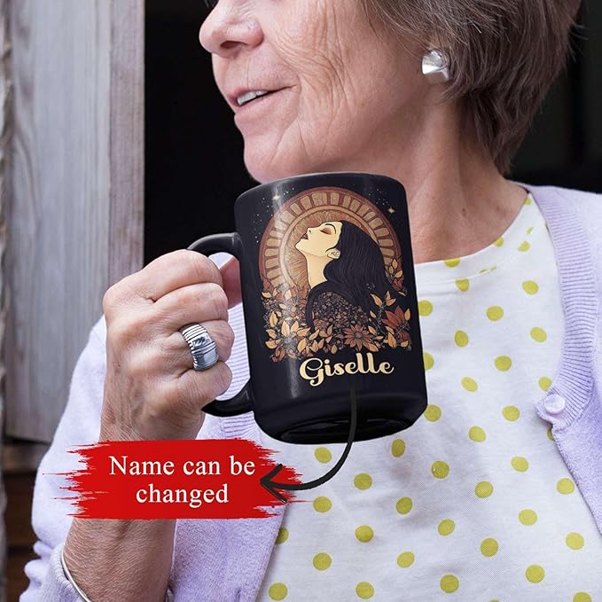 Elegant Woman Coffee Mug with Custom Name, Autumn Themed Ceramic Cup 11oz 15oz, Unique Fall Inspired Black Mug for Women, Personalized Women's Day Coffee Cup, Gifts for Holiday