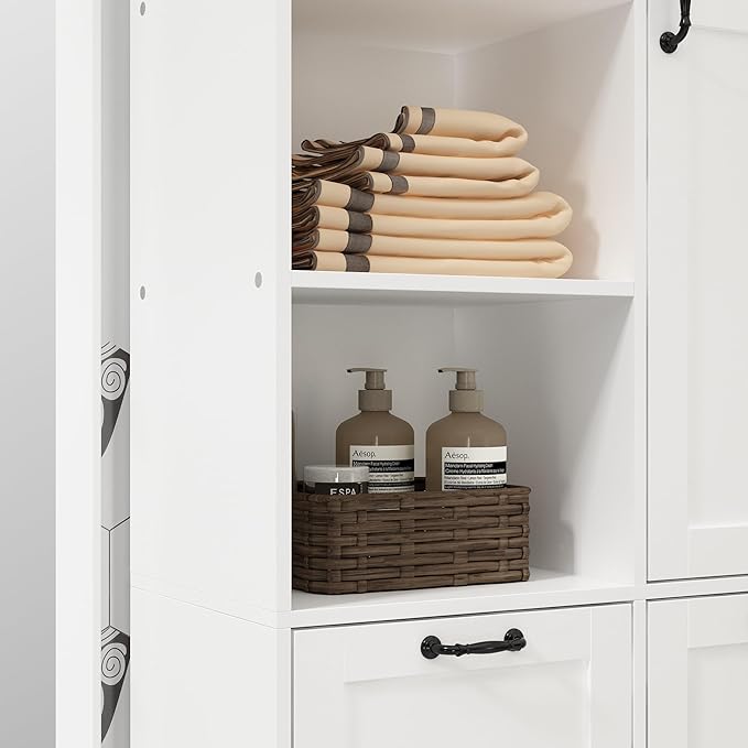 ECACAD Tall Bathroom Storage Cabinet with Shelves and Tilt-Out Laundry Hampers, Freestanding Floor Cabinet for Living Room, Bedroom & Kitchen, White (31.5”W x 13.8”D x 78.7”H)