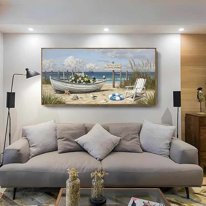 amatop Large Framed Wall Art for Living Room Nautical Beach Canvas Print Blue Flower Boat on Sandy Shore Ocean Seaside Landscape Coastal Artwork with Sea Birds Rustic Bedroom Office Home Decor 48×24 Inch