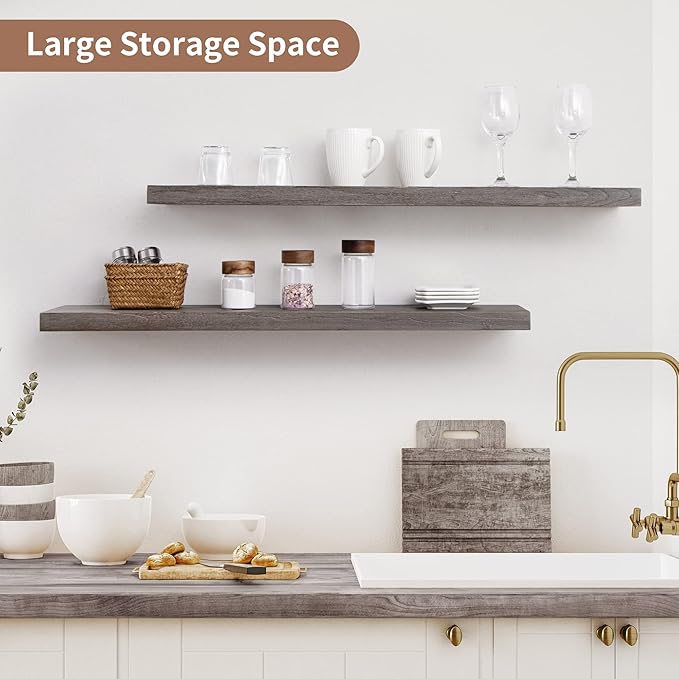 Axeman Floating Shelves for Wall, 8 Inch Deep Rustic Solid Elm Wood Wall Shelves for Storage, Wall Mounted Display Shelving with Invisible Heavy-Duty Metal Bracket, 36'' Width Set of 2, Grey