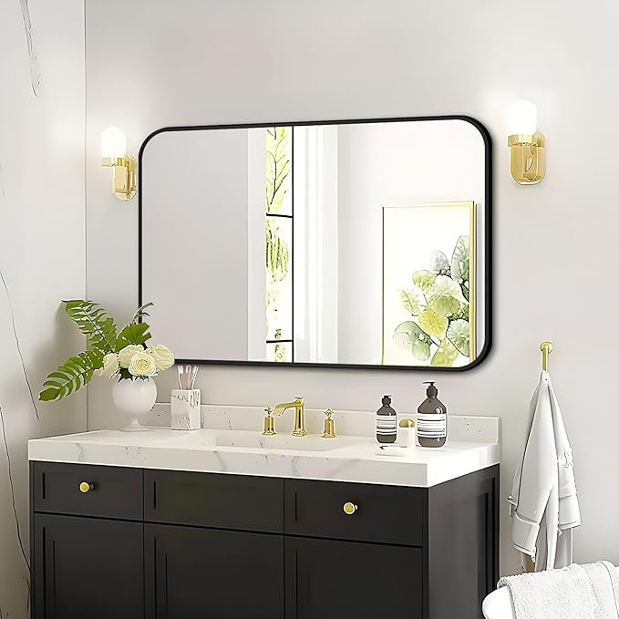 Fabuday Black Bathroom Mirror for Over Sink Wall - 24x36 Rectangle Mirror with Matte Metal Frame, Big Rounded Rectangular Vanity Mirrors for Bedroom, Living Room, Entryway, Horizontally/Vertically