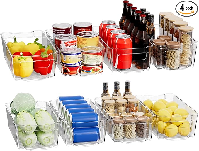 Clear Fridge Organizer, Refrigerator Organizer Bins with Handle, Freezer, Kitchen Cabinet, Pantry Organization, BPA Free Fridge Organizers (12.4 inch 8 Pack)