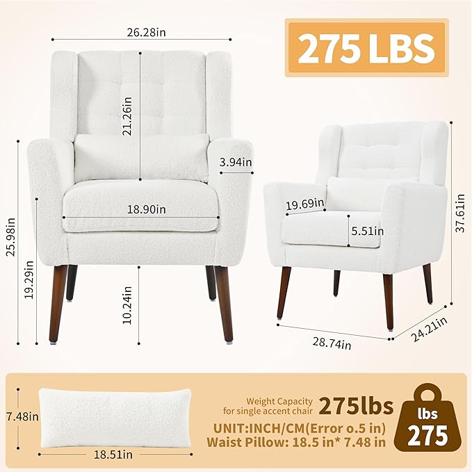 Accent Chair Set of 2, Upholstered Armchair with Pillow, Teddy Single Sofa with Lounge Seat and Wood Legs for Living Room Small Spaces