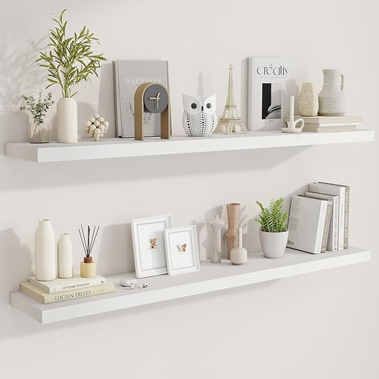 Fun Memories 55 Inch Fireplace Mantel Shelf -Long Floating Shelves, Deep Wall Mounted Farmhouse Display Shelves with Invisible Heavy Duty Metal Bracket, White, 2 Pack