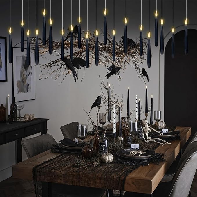 GenSwin 22pcs Flameless Floating Candle with Magic Wand Remote Timer, Battery Operated Hanging Window Candles Flickering, 6.1" LED Electric Candles for Christmas Halloween Decorations(Black)