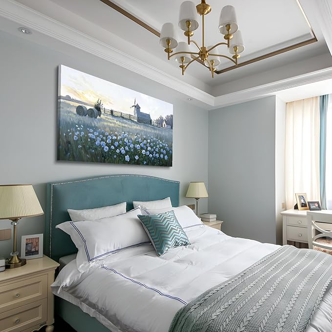 amatop Large Rustic Canvas Wall Art – Farmhouse Blue Rose and Windmill Landscape Picture, Nature Country Floral Sunset Wall Decor for Living Room Bedroom, Countryside Botanical Artwork Print 48x24 Inch