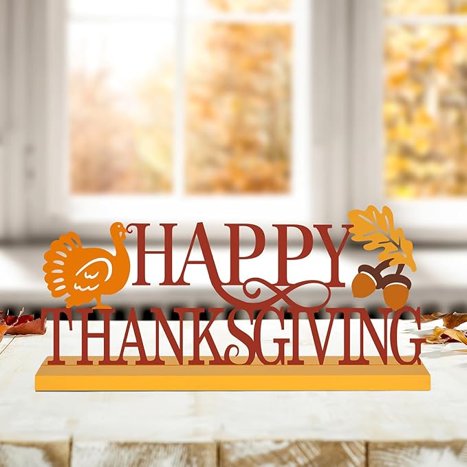 COCHIE Metal Happy Thanksgiving Sign, Fall Leaves Turkey Table Centerpieces Decorations for Home, Office, Shelf, Mantel, Indoor, Traditional Party Supplies Decor (Thanksgiving)