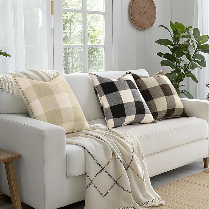 decorUhome Buffalo Plaid Check Throw Pillow Covers 20x20 Set of 2, Outdoor Decorative Farmhouse Neutral Pillow Covers with Stitched Edge for Bed Couch Sofa, Black and White