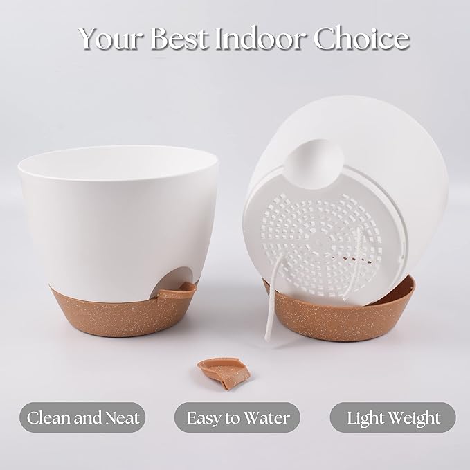 Giraffe Creation Plant Pots Set of 5 (10/9/8/7.5/7 inch), Self-Watering Indoor & Outdoor Flower Planters with Drainage Hole and Reservoir, White