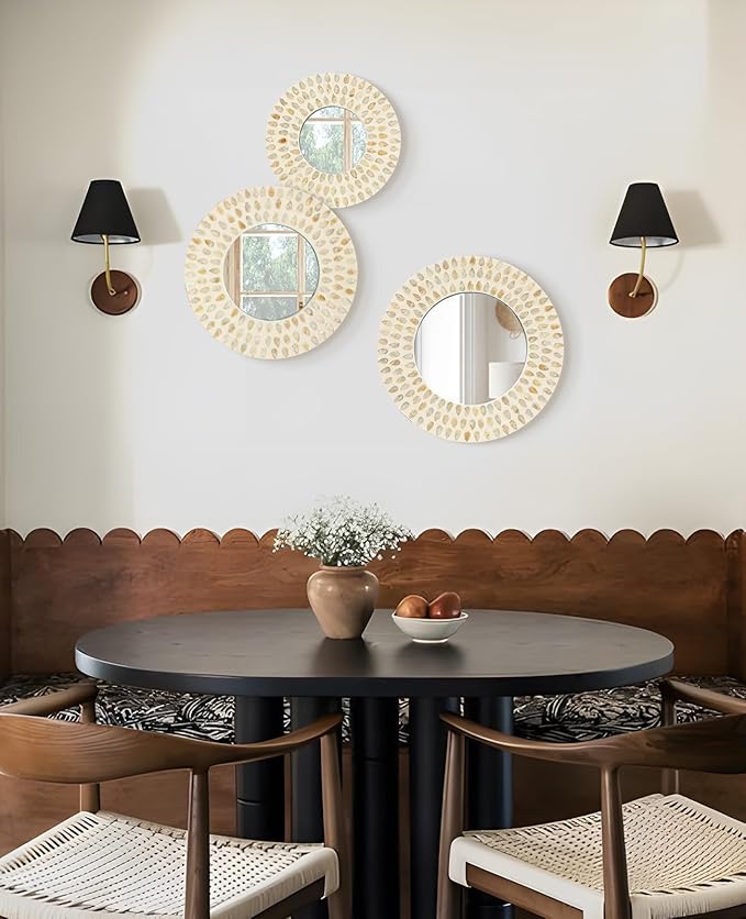 Boho Mirror Wall Decor for Living Room, 3PCS Natural Mother of Pearl Decorative Mirror for Farmhouse Rustic Home, Hanging Sculptures for Women Bedroom Hallway Porch Decoration (Light Brown)