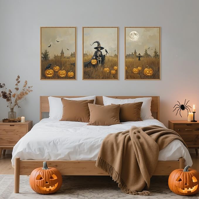 Celestdeco Halloween Ghost Reaper Framed Wall Art Set, Scary Witchy and Pumpkin Wall Decor, Horror Night Wall Painting, Full Moon Bats Art Prints for Living Room,Bedroom,Halloween Themed Party Decoration-24"×36"×3