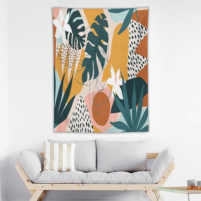 Abstract Bohemian Mid Century Tapestry, Tropical Leaves Modern Geometric Archway Minimalist Bohemian Botanical Aesthetic Wall Hanging, Sage Green Gold Home Decor Art for Bedroom 60x80 Inch