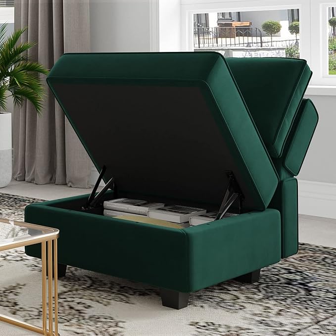 Belffin Storage Ottoman Module for Modular Sectional Sofa Square Seat Cube Velvet Foot Stool Green