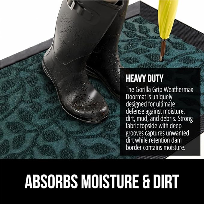 GORILLA GRIP 100% Waterproof All-Season WeatherMax Doormat, 47x35, US Designed Natural Rubber, Stain and Fade Resistant, Low Profile Indoor Outdoor Door Mats, Easy Clean Patio Mat, Moss Vine Leaves