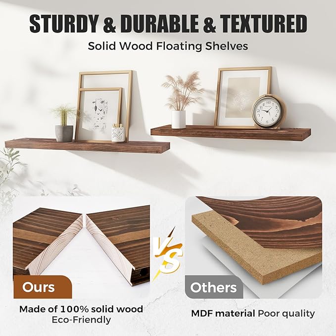 Floating Wall Shelves 3-Pack - 24-Inch Rustic Brown Wooden Shelves for Storage and Décor, Easy Installation for Living Room, Bedroom, and Kitchen