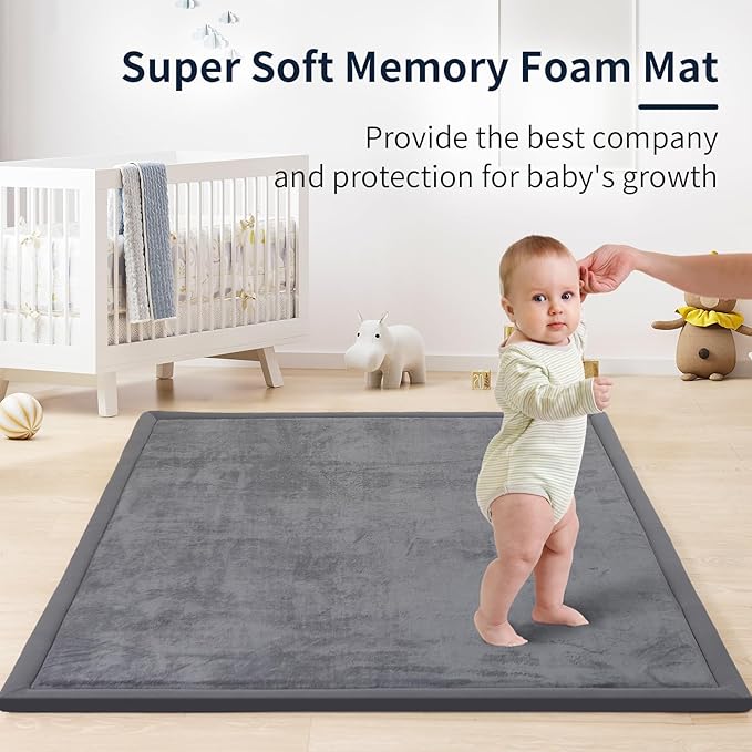 ACOMOPACK Baby Play Mat for Floor 1.3" Thick Memory Foam Play Mat 79"×118" Tummy Time Crawling with Non-Slip Bottom for Living Room,Nursery,Soft Velvet Playpen Mats for Kids,Infants（Dark Grey）