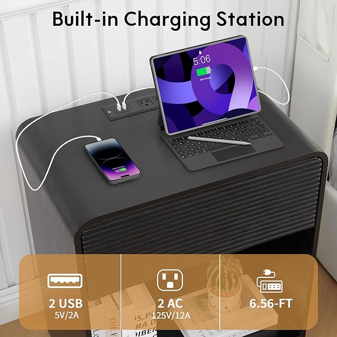 Fluted Nightstand with Charging Station, Mid Century Modern Bed Side Table End Table with Drawer Storage, Large Wooden Night Stands Bedside for Bedroom Living Room Sofa Office, Black