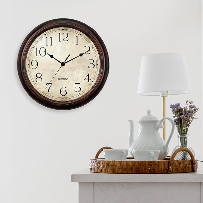 12 Inch Wall Clocks Battery Operated Silent Non-Ticking Analog Wall Clock Vintage Retro Rustic Style Decorative for Living Room Kitchen Home Office(Bronze)