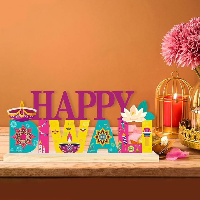 COCHIE Metal Happy Diwali Sign, Indian Festival of Light Table Centerpieces Decorations for Home, Office, Shelf, Mantel, Indoor, Traditional Party Supplies Decor (Diwali)