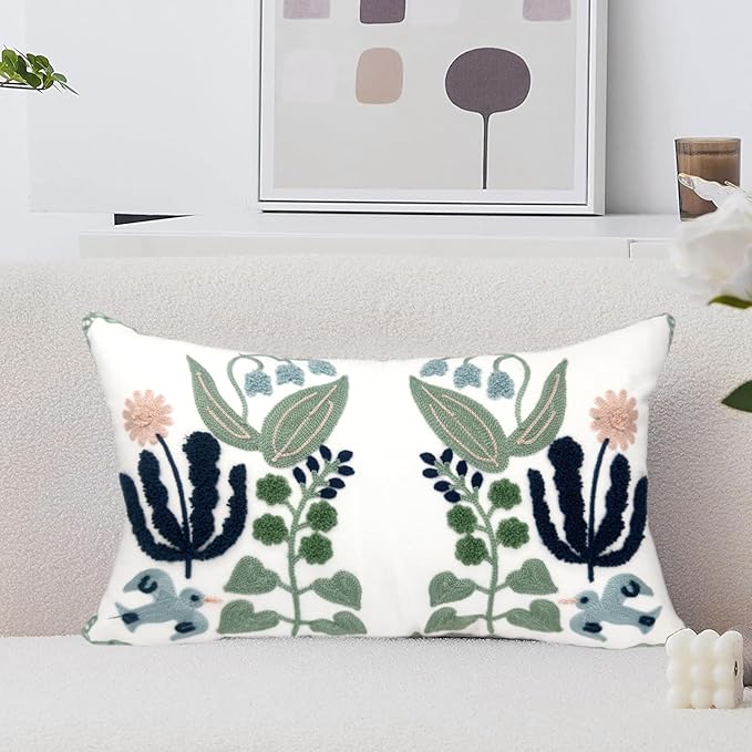 Alysheer Floral Embroidered Summer Lumbar Decorative Throw Pillow Cover 12"x 20", Farmhouse Cottage Navy Blue Green Flowers Leaves Patterned Cotton Canvas Cushion Case for Sofa Couch Bed Living Room