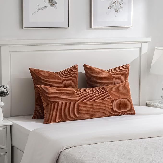 Fancy Homi Set of 2 Rust Boho Long Lumbar Body Decorative Throw Pillow Cover 14x36 Inch for Bed Couch Bedroom Bench, Soft Patchwork Corduroy Textured Pillow Case, Rustic Farmhouse Room Décor