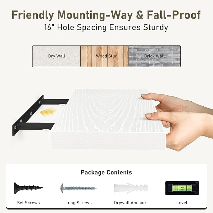 Fun Memories 30 Inch Floating Shelves Set of 3, Farmhouse White Wall Shelves for Kitchen, Living Room, Wall Mounted Bathroom Shelves in Black, 30 x 6.7 x1.4 Inch