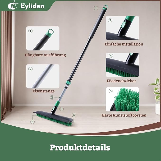 Eyliden X-Large Floor Scrub Brush, 2 in 1 Scrape Brushes with Rubber Squeegee | 55.3" Long Handle, 15" Wide Stiff Bristle Head | Floor Scrubber for Deck Kitchen Shower Bathroom Tub Tile Patio Wall