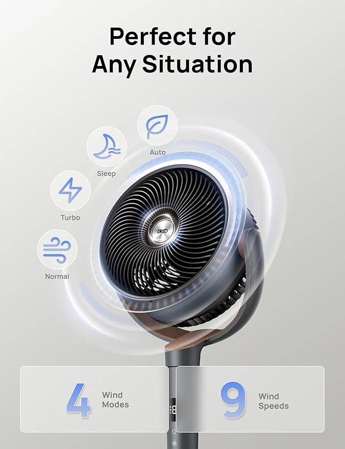 Dreo Fan for Bedroom, 120° Oscillating Standing Fans, Quiet Floor Fan with DC Motor, 100ft Pedestal Fans for Room, 9 Speeds, 4 modes, 20dB, 120° Manual Vertical, 37-42" Adjustable Height, 9H Timer