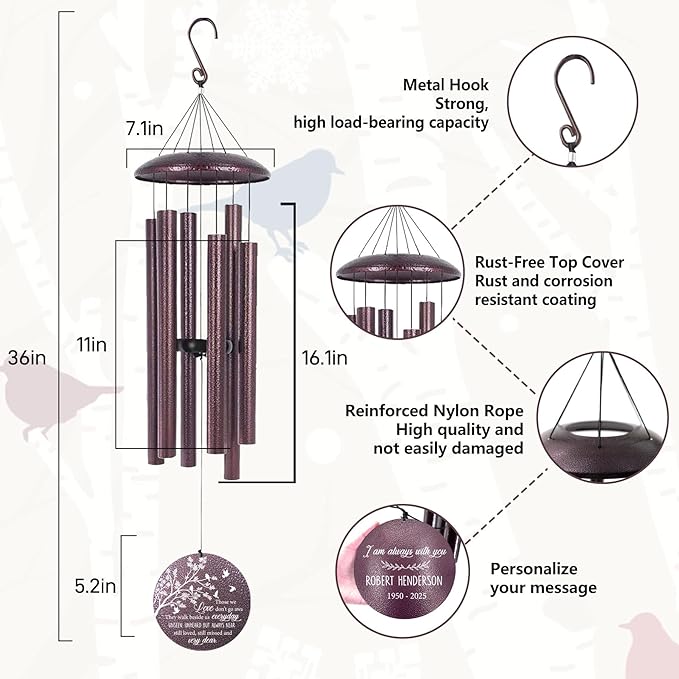 ASTARIN 36" Deep Tone Personalized Wind Chime Memorial, Tree of Life Custom Sympathy Gifts for Loss of Mom/Dad, Bird Remembrance Wind Chimes for Grieving Funeral Condolences(Produced in USA)