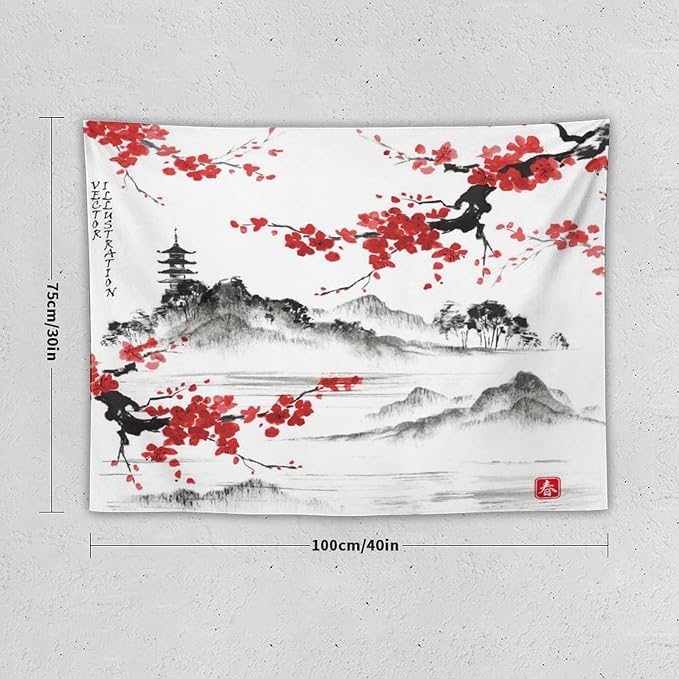 Cherry Blossoms Tapestry, Japanese Fuji Mountain Wall Tapestry, Nature Landscape Wall Art for Bedroom & Living Room Decor, 40"x30"