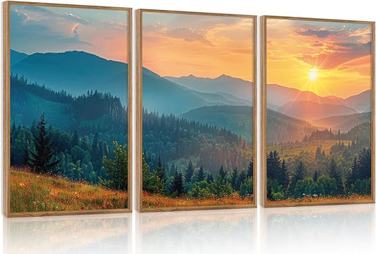 Aurlan Boho Mountain Sunset Landscape Framed Wall Art(16"x24"), 3PCS Green Blue Ridge Grand Teton National Park Canvas Artwork, Abstract Modern Watercolor Nature Forest Scenery Decor for Home Office Bedroom