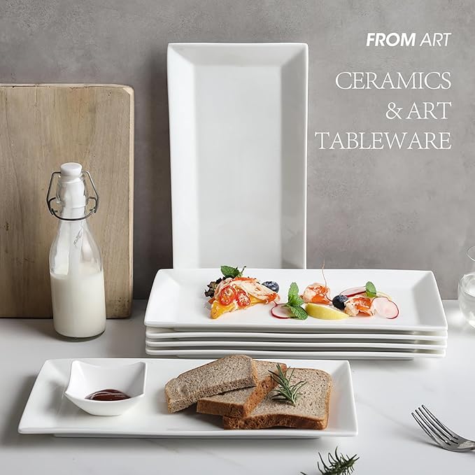 12" Serving Platters Set of 4, White Rectangular Plates, Ceramic Serving Tray, Stackable Large Party Plates for Appetizer, Dessert, Steak, Sushi, Housewarming, Oven Dishwasher Safe