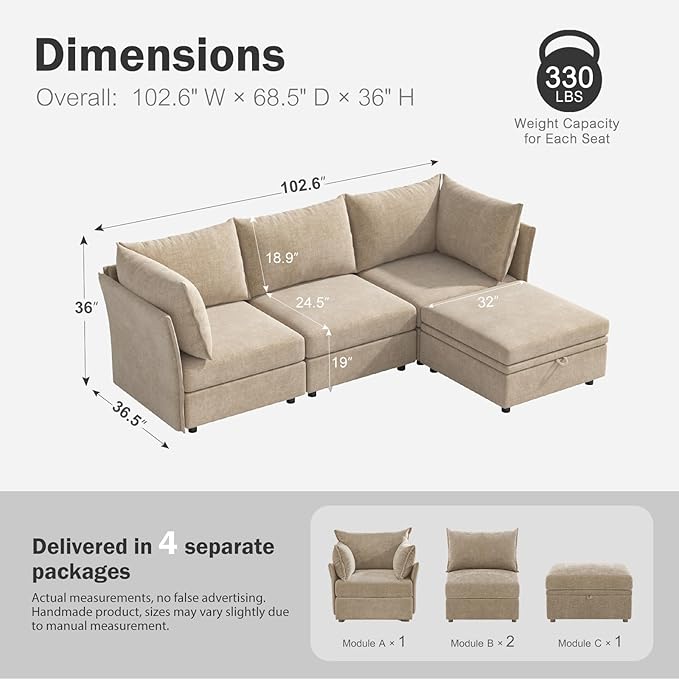 102.6" U Shaped Modular Sectional Sofa, 5 Seater Couch with Storage Ottoman Deep Seat and High Backrest with Removable Cover for Living Room, Apartment - Chenille Beige