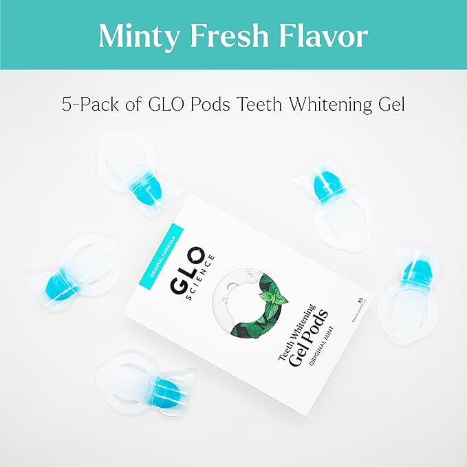 GLO Science Teeth Whitening Gel Pods – Safe, Effective Whitener with Silicon Brush, 6% Hydrogen Peroxide – Fastest Way to Whiter Teeth, Sensitivity Free – Mint Flavor (Pack of 5)