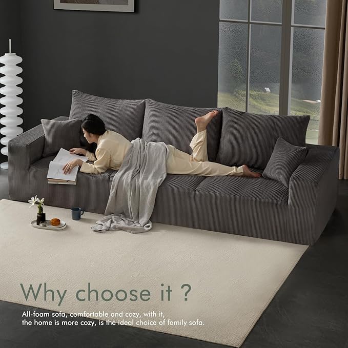 Boneless Sectional Cloud Couch Sofa for Living Room, 112" L-Shaped Modular Modern Lounge Sleeper Grey Couches with Chaise, No Assemble, Cordury Compression Upholstered Sofas