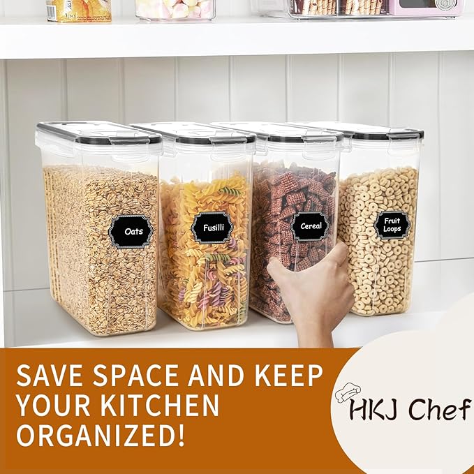 Cereal Containers Storage Set (4L / 135.2oz), 4PCS Airtight Food Storage Containers with Lids, Cereal Dispensers for Kitchen Pantry Organization and Storage with Pour Spout, 20 Labels, Marker