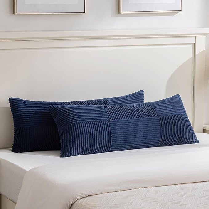 Fancy Homi Set of 2 Navy Blue Boho Long Lumbar Body Decorative Throw Pillow Cover 14x36 Inch for Bed Couch Bedroom Bench, Soft Patchwork Corduroy Textured Pillow Case, Rustic Farmhouse Room Décor