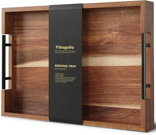 Acacia Wood Serving Tray with Metal Handles,17x12in Ottoman Decorative Trays Platter for Coffee Table,Living Room,Bar,Party(Large)