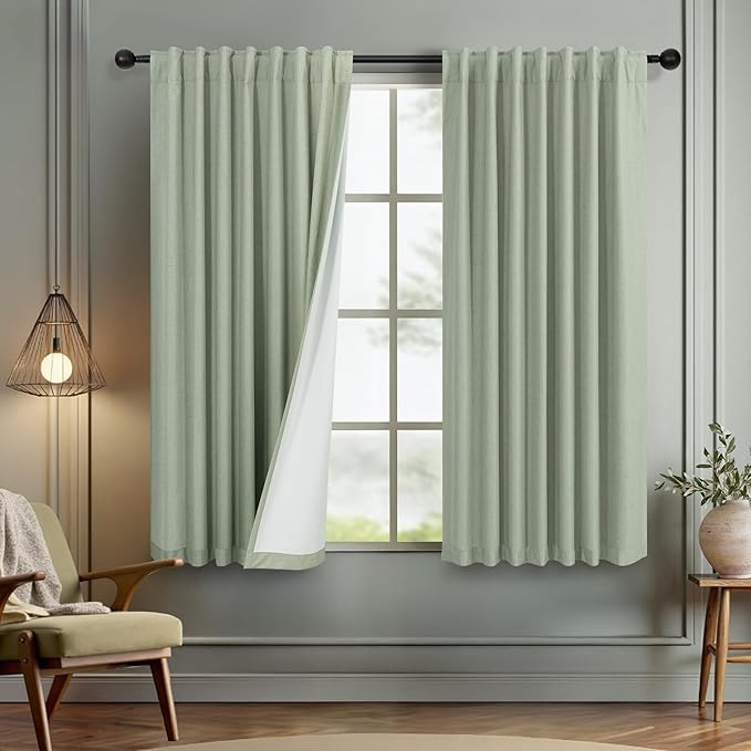 Green Country Kitchen Curtains 45 Inch Length Short Small Basement Window Blackout Cooling Curtains for Summer Heat Linen Cafe Bathroom Classroom Dorm RV Camper Sage Green Drapes with White Backing