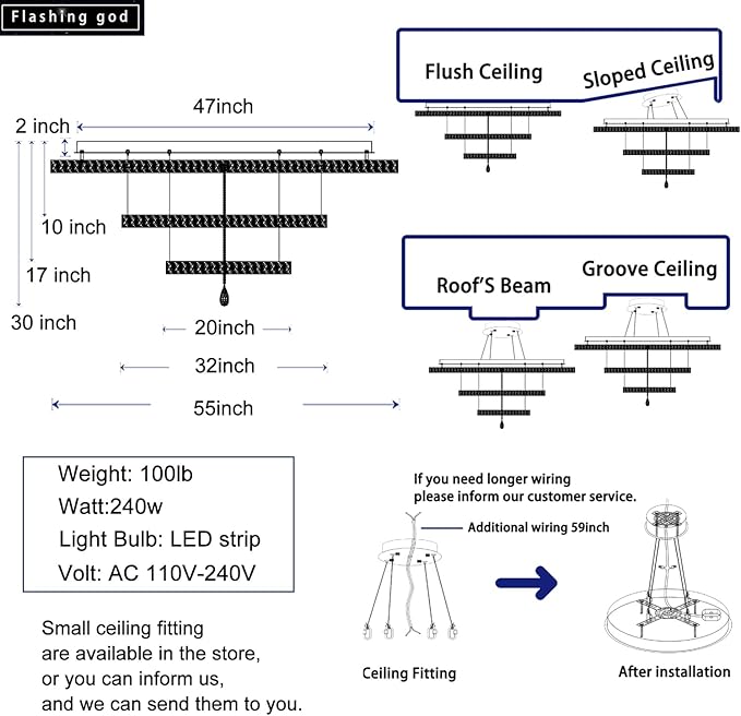 Flashing God Extra Large Chandelier Dia 55" Gold Chandeliers Flush Mount Chandelier for Living Room Bedroom Dining Room Hallway Dimmable 3 Rings Chandeliers