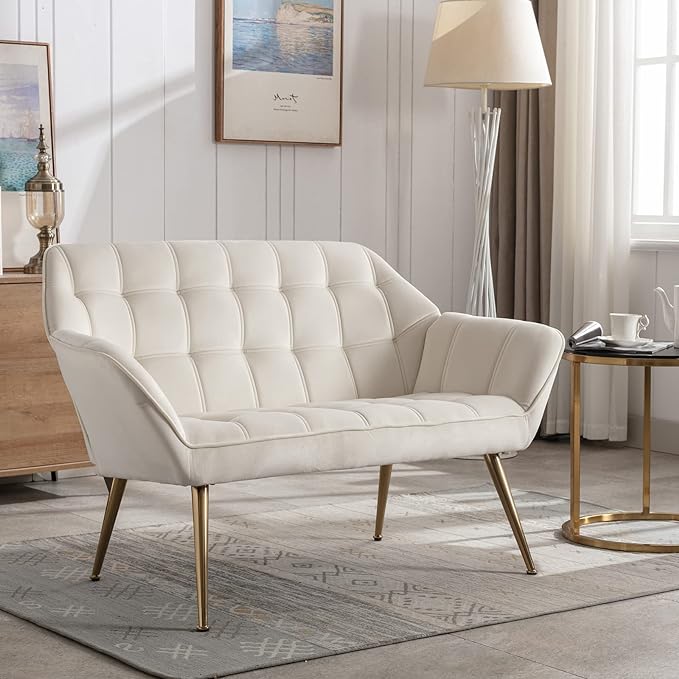 48" Small Loveseat for Small Spaces, Modern Sherpa Mini Sofa Couch 2-Seater Velvet Love Seat with Quilting Back and Gold Legs for Living Room/Bedroom, Cream
