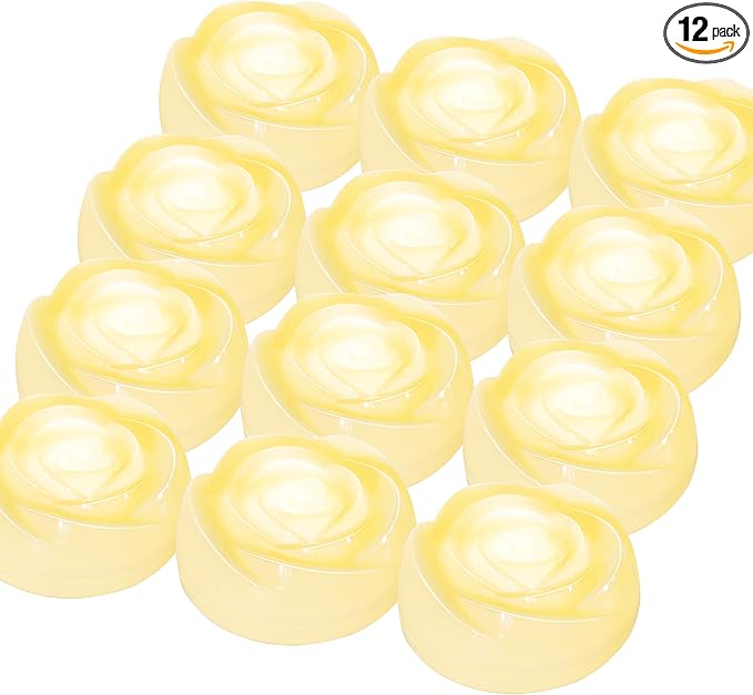 Aignis 12pcs Flameless LED Floating Candles, Ivory Rose Plastic Tealights Battery Operated, 120+ Hours Glow Time, Cozy Light for Romantic Pool/Bathtub/Hot Bath/Wedding Centerpiece Decor(D2.83*H1.42)