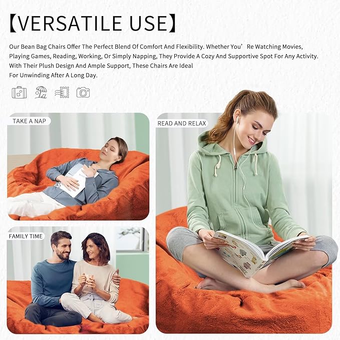 Bean Bag Chair for Adults 7FT,Soft Removable Cover for Teens/Girls Bedroom,Fluffy Giant Round Floor Beanbag Lounger Chairs (No Filler,Orange)