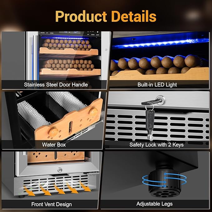 Electric Cigar Humidor, 15 Inch Upgraded Large Capacity Humidor Cabinet with Powerful Compressor, Digital LED Screen, Safety Lock, Smart Humidity & Temp Control, Gifts for Men